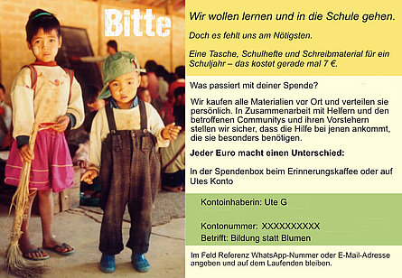Zu sehen ist die Infokarte zum Spendensammeln für die Aktion Bildung statt Blumen